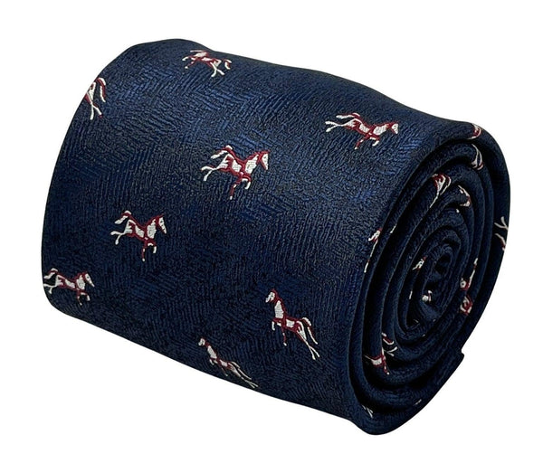 navy dark blue herringbone mens tie with thoroughbred horse design